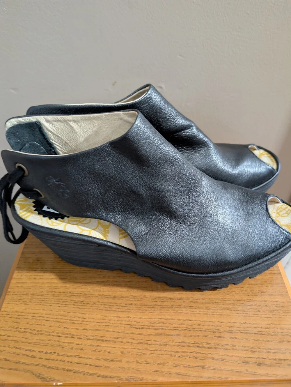 Fly London Leather Black Wedge Sandals, Size:42/10.5-11